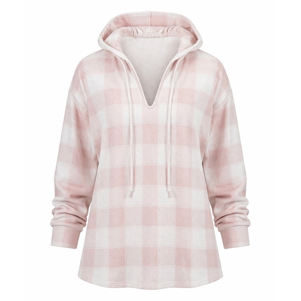 Plaid Hoodie‎ Pink White sweatshirt Top Women's 2X Pullover cottagecore pastel